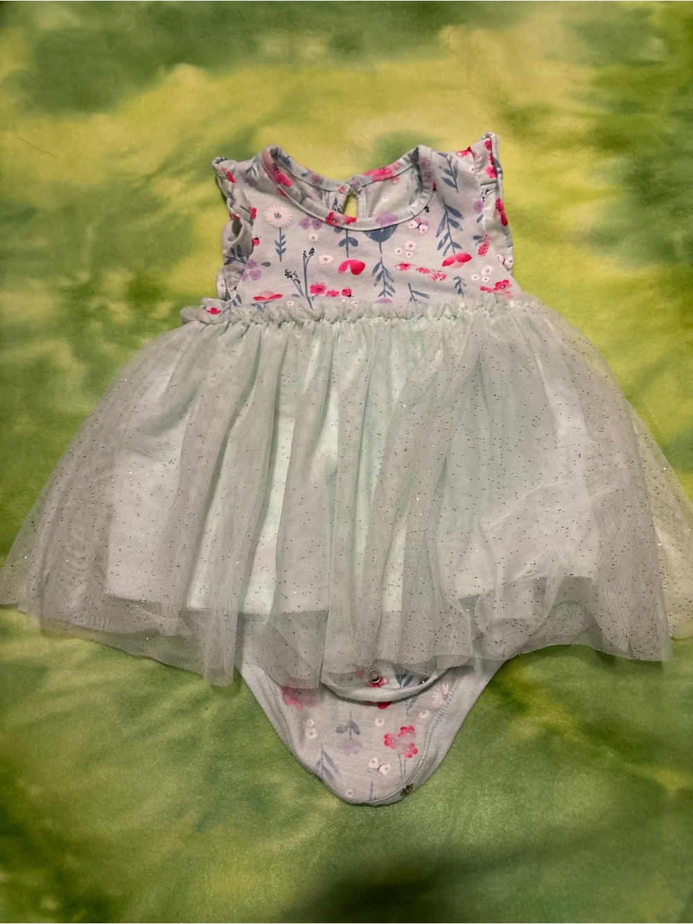 George Light Gray and Pink Floral Tulle One-Piece Bodysuit